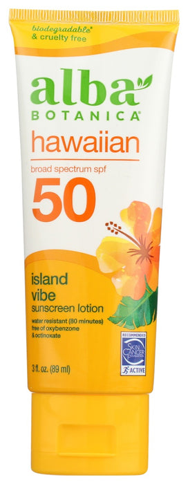 Moisturize and protect your skin with Alba Botanica Hawaiian SPF 50 Sunscreen. Made with nourishing botanical extracts, this lightweight sunscreen provides broad spectrum protection against sunburn, skin cancer and premature signs of aging. Our sunscreen is water resistant for up to 80 minutes and is recommended by the Skin Cancer Foundation. Our formula is 100% vegetarian and has no oxybenzone, octinoxate or synthetic fragrances.