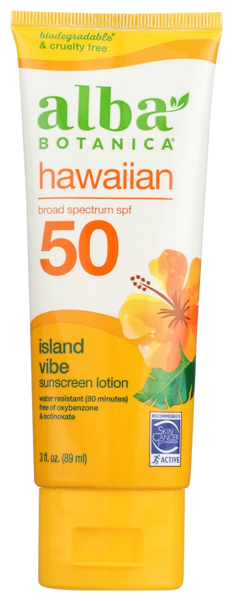 Moisturize and protect your skin with Alba Botanica Hawaiian SPF 50 Sunscreen. Made with nourishing botanical extracts, this lightweight sunscreen provides broad spectrum protection against sunburn, skin cancer and premature signs of aging. Our sunscreen is water resistant for up to 80 minutes and is recommended by the Skin Cancer Foundation. Our formula is 100% vegetarian and has no oxybenzone, octinoxate or synthetic fragrances.