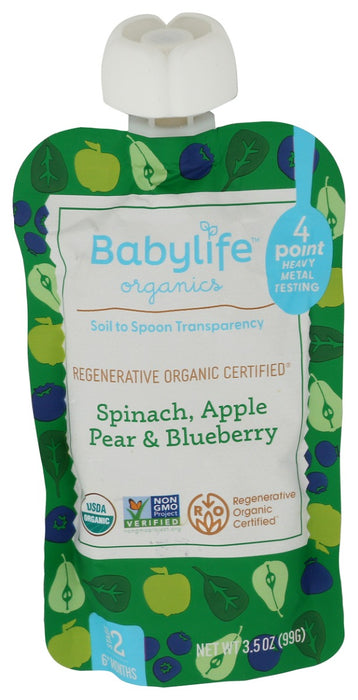 BABYLIFE ORGANICS: Spinach Apple Pear Blueberry Pouch, 3.5 oz