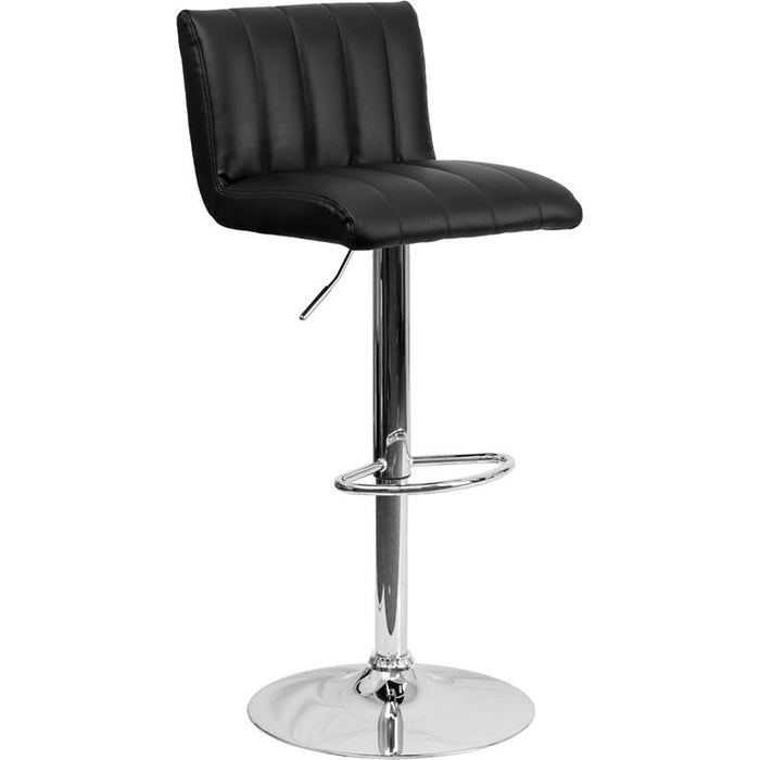 Contemporary Black Vinyl Adjustable Height Barstool with Vertical Stitch Back/Seat and Chrome Base