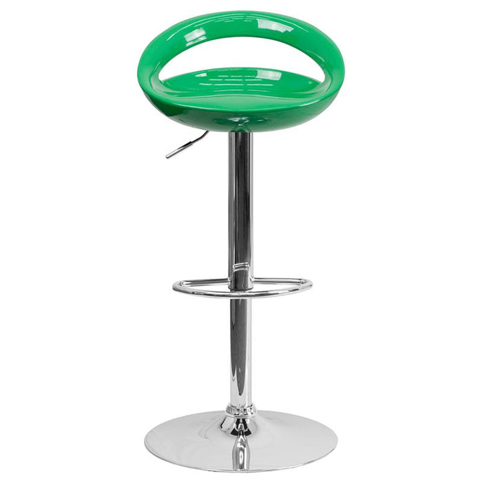 Contemporary Green Plastic Adjustable Height Barstool with Rounded Cutout Back and Chrome Base