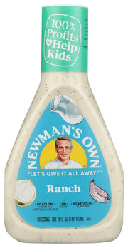 What's perfect for dipping or salads? Newman's Own Ranch dressing.
All the creamy, buttermilk-y goodness combined with tasty, aromatic herbs make this ranch dressing the simply the best. This dressing contains no artificial flavors, colors from an artificial source, or MSG. Enjoy it as a salad topping, veggie dip and more.