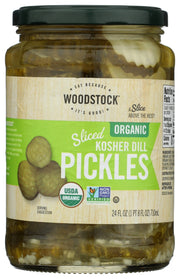 A slice above the rest! Woodstock's Organic Kosher Sliced Dill Pickles are the perfect size to dress up your favorite sandwich or burger. These pickles amplify any meal with a delicious salty, garlicky taste.
