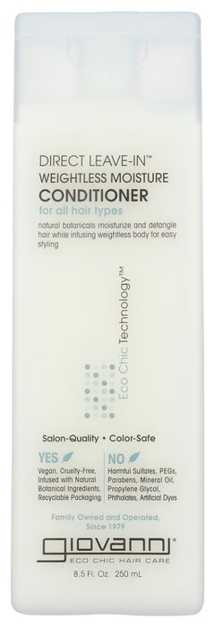 DIRECT LEAVE-IN Weightless Moisture Conditioner penetrates into each individual strand to provide exactly what is needed, every time. This leave-in conditioner from Giovanni® uses a rich blend that protects hair as you go through the day. It creates a texture that feels thicker and has more body when styled. Weightlessly. By infusing each strand with hydration, hair goes directly to a beautiful style.