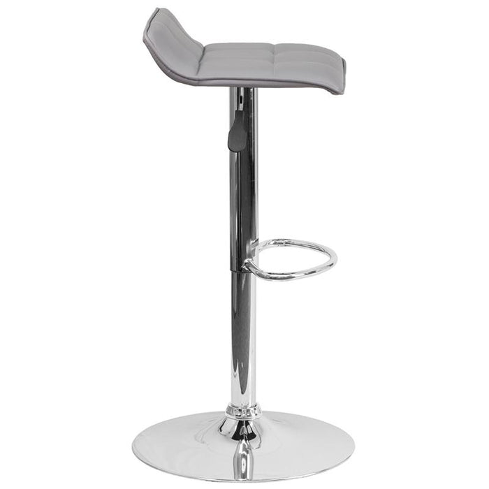 Contemporary Gray Vinyl Adjustable Height Barstool with Quilted Wave Seat and Chrome Base