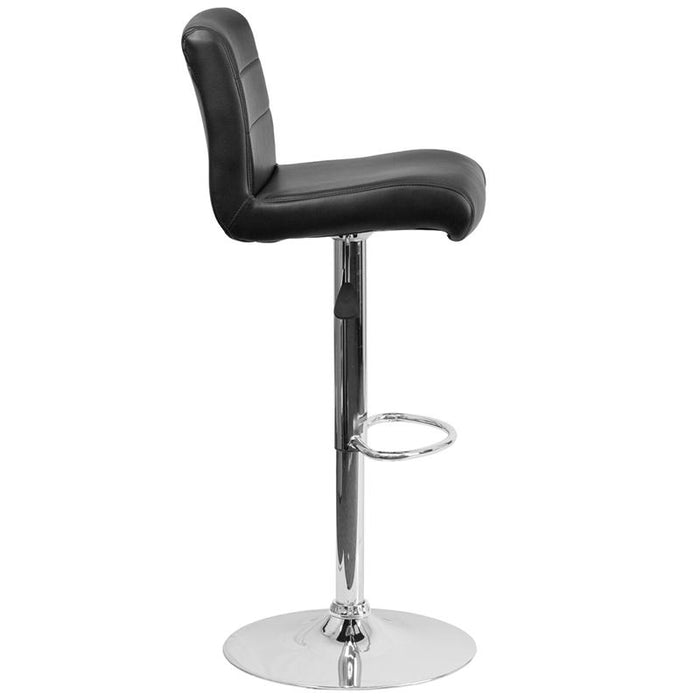 Contemporary Black Vinyl Adjustable Height Barstool with Rolled Seat and Chrome Base
