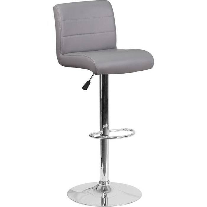 Contemporary Gray Vinyl Adjustable Height Barstool with Rolled Seat and Chrome Base