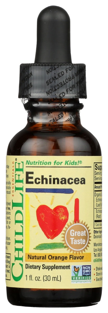 One of the things that prevented children from taking echinacea in the past was its taste. ChildLife Essentials Echinacea is flavored with a natural, sweet, orange essential oil that kids will love.
ChildLife Essentials Echinacea contains the two most potent, absorbable and bioavailable forms of echinacea: Echinacea angustifolia (root) and Echinacea purpurea (leaf &amp; flower).