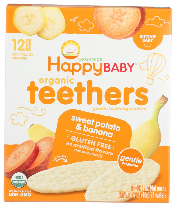 Made with jasmine rice flour and a touch of organic fruits and veggies, our banana &amp; sweet potato teething wafers dissolve easily, making them a perfect first snack for baby's developing gums.
