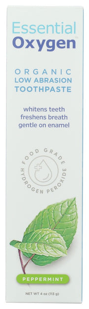 Our Organic Low Abrasion Toothpaste combines the natural cleaning power of Food Grade Hydrogen Peroxide with the soothing benefits of our proprietary blend of essential oils to whiten your teeth, freshen your breath, and nourish your enamel.
Our toothpaste is rated 12 on the RDA Toothpaste Abrasiveness Index, making it only slightly more abrasive than water + baking soda and radically less abrasive than almost every other toothpaste. 
Each ingredient is mindfully sourced and selected with love.