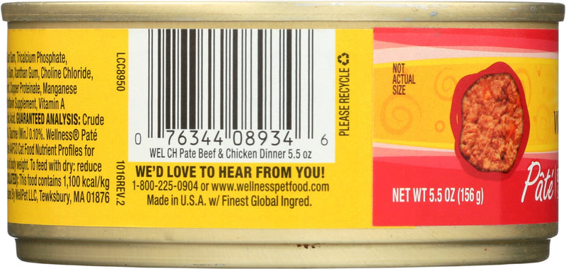 WELLNESS: Beef and Chicken Dinner Pate Cat Food, 5.5 oz