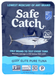 Safe Catch Elite Wild Tuna Pouch, simply the lowest mercury tuna of any brand! Now in single-serving pouches. Take them anywhere!
