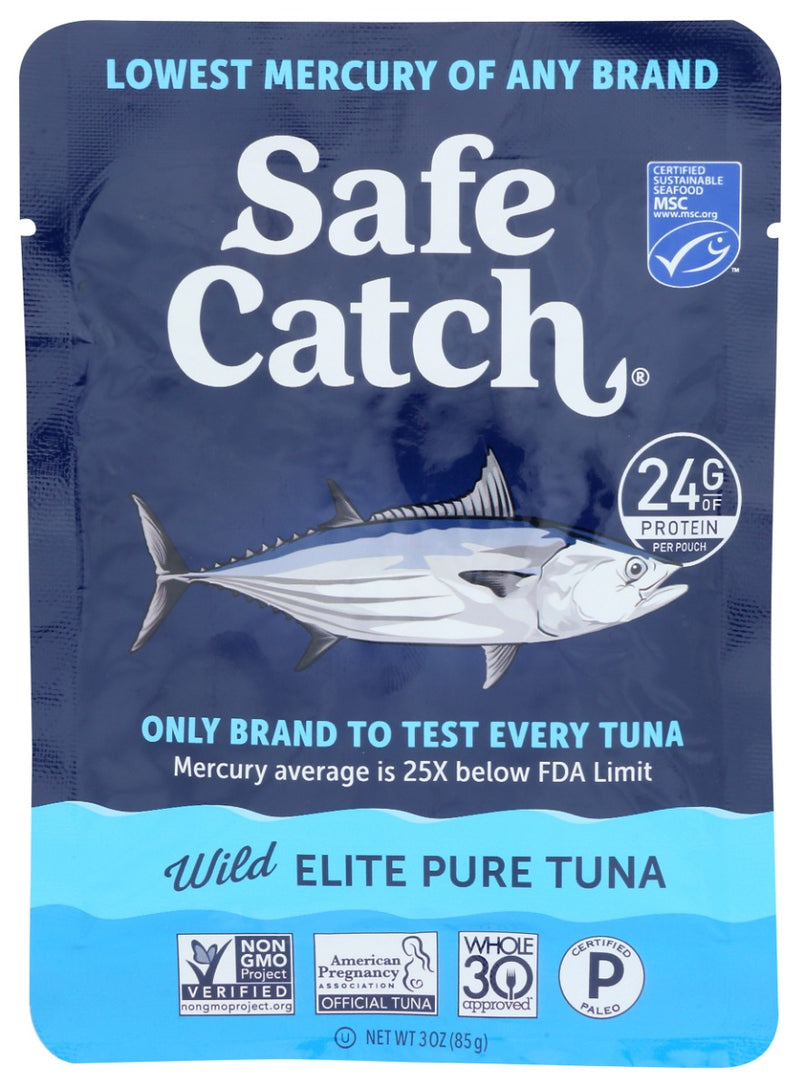 Safe Catch Elite Wild Tuna Pouch, simply the lowest mercury tuna of any brand! Now in single-serving pouches. Take them anywhere!