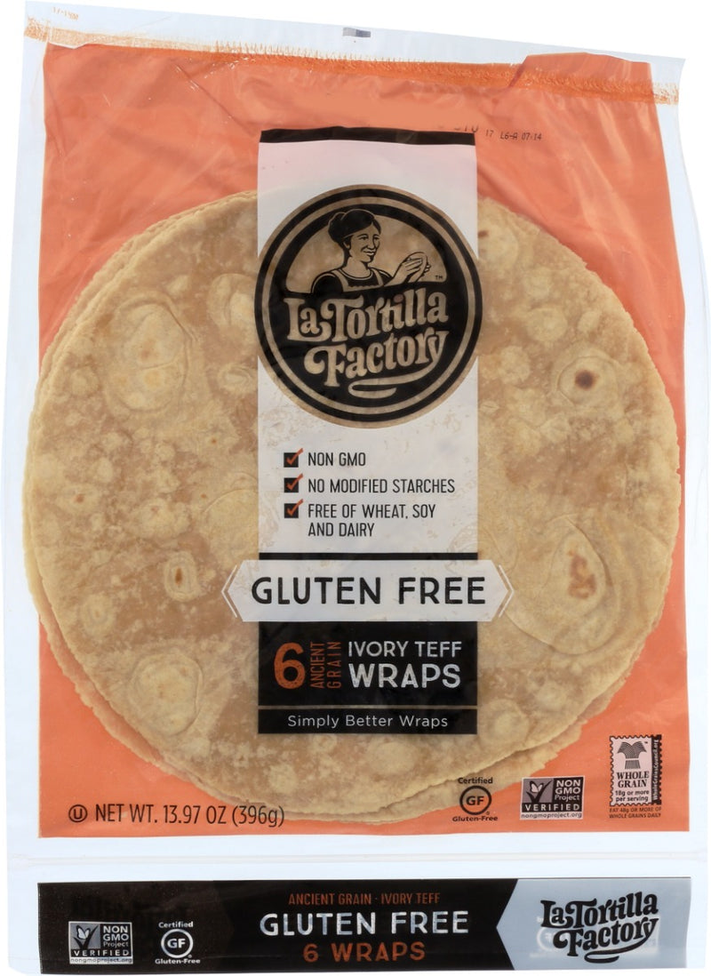 Our newly certified Non-GMO Gluten Free, Wheat Free, Ivory Teff Wraps contain absolutely no bad fats, dairy or soy. They are a good source of dietary fiber and have 18g of whole grains thanks to ancient grains, ivory teff and millet. Try them as a nutritious substitute for pizza crust, sandwich bread, or hamburger buns. Heat before enjoying for the best flavor and the softest texture.
