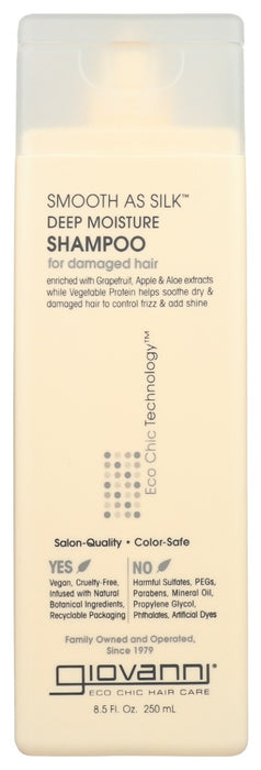 Soft and smooth, sexy and sultry. SMOOTH AS SILK Deep Moisture Shampoo from Giovanni® has a pearlized formula that glistens in your hand and transforms your hair into a silky palette. This new and improved Eco Chic® formula with Apple and Aloe extracts provides antioxidant protection and enhanced moisturizers for even silkier hair. Lather and glow with the flow that begins your style. SMOOTH AS SILK Deep Moisture Shampoo wears beautifully on you.