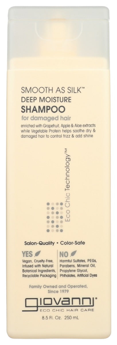 Soft and smooth, sexy and sultry. SMOOTH AS SILK Deep Moisture Shampoo from Giovanni® has a pearlized formula that glistens in your hand and transforms your hair into a silky palette. This new and improved Eco Chic® formula with Apple and Aloe extracts provides antioxidant protection and enhanced moisturizers for even silkier hair. Lather and glow with the flow that begins your style. SMOOTH AS SILK Deep Moisture Shampoo wears beautifully on you.