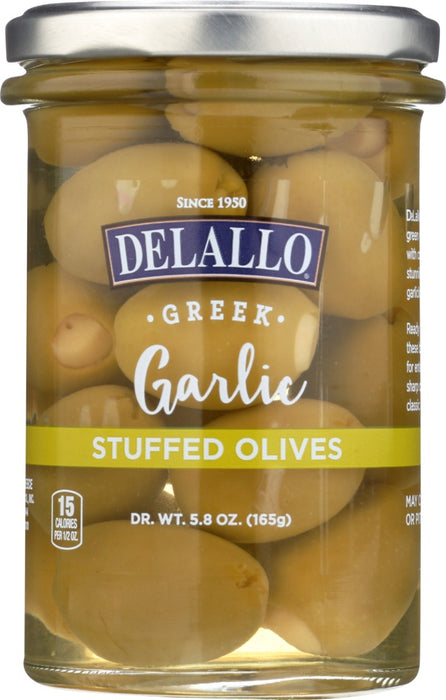 DeLallo Garlic Stuffed Olives are plump, crisp green Greek Halkidki olives that are stuffed with cloves of pungent white garlic. These stuffed olives boast a bold harmony of briny, garlicky and tart flavors. Straight from the jar, Garlic Stuffed Olives are gourmet snacks, garnishes for cheese boards and charcuterie trays and briny accents for savory cocktails.