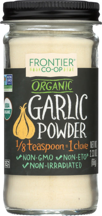 Frontier Co-op® Organic Garlic Powder is commonly used in and on a wide variety of savory dishes for its pungent, slightly hot and biting flavor. Our garlic powder is simply ground dehydrated garlic bulbs. Garlic's penetrating aroma and flavor are enjoyed in dishes such as pasta, pizza, potatoes and grilled chicken as well as sauces, marinades and dressings.