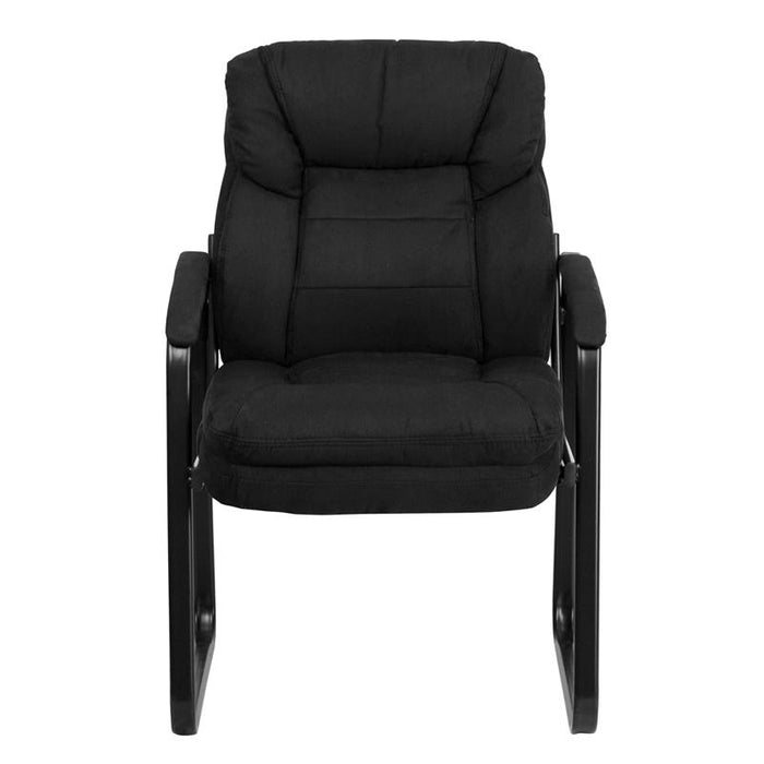 Black Microfiber Side Reception Chair with Lumbar Support and Sled Base