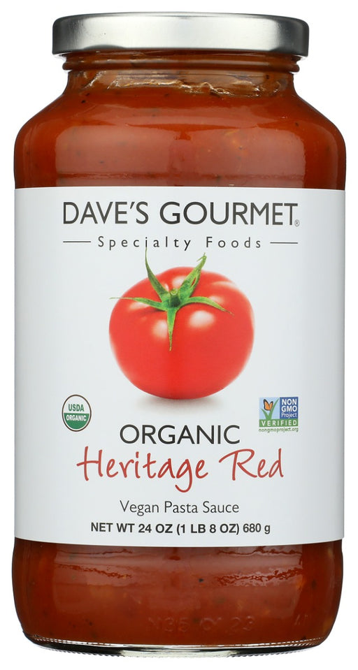 Dave's Gourmet Heritage Red Pasta Sauce is made with organic sweet vine-ripened tomatoes, California premium garlic, extra virgin olive oil, and fresh herbs. This tomato sauce is a delicious combination that is light, fresh, and bursting with flavor.