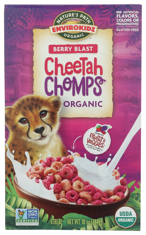 Breakfast is a berry blast with Cheetah Chomps! Made with organic fruit and veggies such as raspberries, strawberries, and carrots, our cereal is gluten-free, non-GMO, and made without artificial ingredients. It's a wholesome, nutrient-packed breakfast and fun recess snack”no wonder parents love it, too! Each box of EnviroKidz cereal you buy helps save cheetahs and their habitat, and other vulnerable animal species”so you and your family are helping save animals, one breakfast at a time.