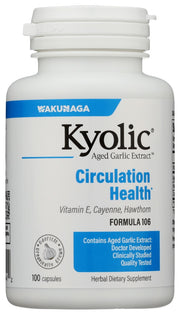Kyolic® Aged Garlic Extract Formula 106 for Circulation contains 600 mg of AGE and a unique blend of Vitamin E with Hawthorn Berry and Cayenne Pepper serving (2 capsules; Recommend two servings per day). This formula was designed to help maintain healthy circulation, normal cholesterol levels and overall heart health.*
