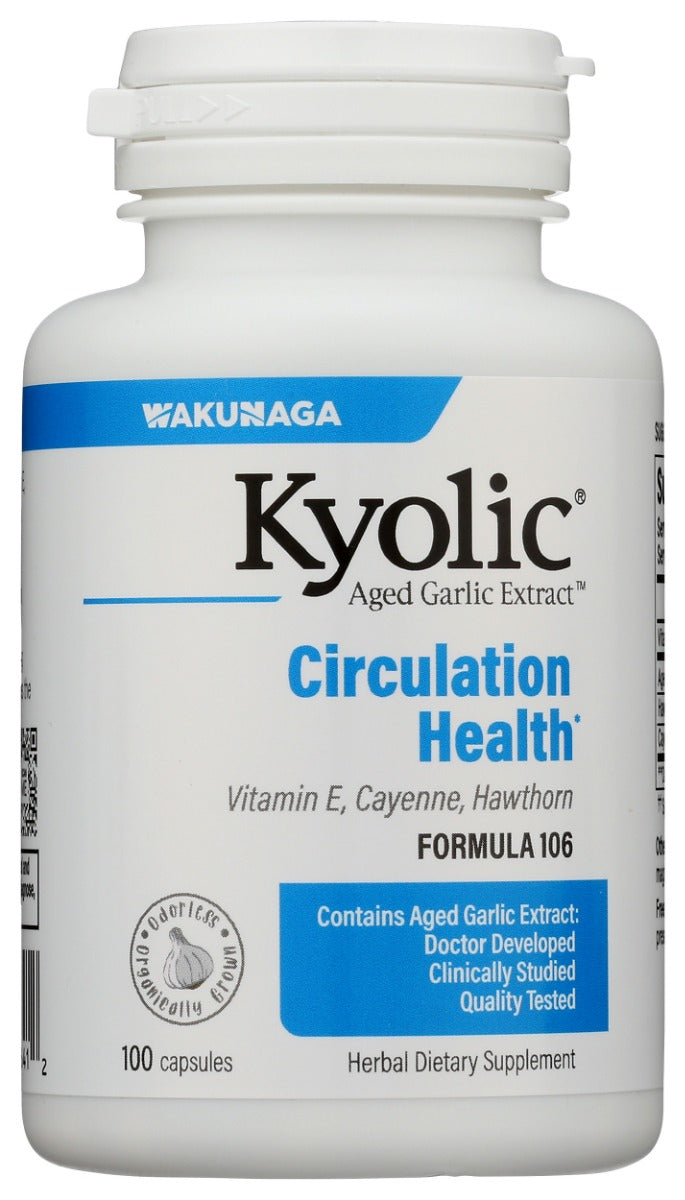 Kyolic® Aged Garlic Extract Formula 106 for Circulation contains 600 mg of AGE and a unique blend of Vitamin E with Hawthorn Berry and Cayenne Pepper serving (2 capsules; Recommend two servings per day). This formula was designed to help maintain healthy circulation, normal cholesterol levels and overall heart health.*