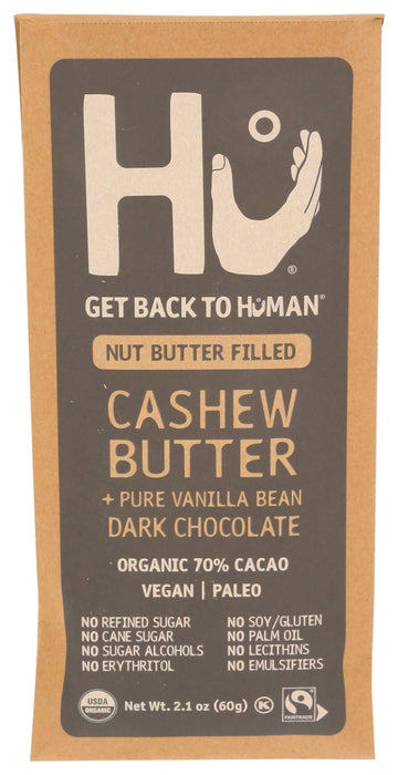 HU Organic Dark Chocolate Bar Cashew Butter + Pure Vanilla Bean is the in-house Hu favorite. Custom dry-roasted cashews make for a unique, creamy cashew butter housed in Hu's rich dark chocolate Real vanilla beans (not vanilla extract) add a luscious layer of flavor and is 70% dark chocolate.
