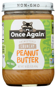 Deliciously crunchy, certified organic peanut butter made with just one ingredient - peanuts! Unsweetened and salt-free.
