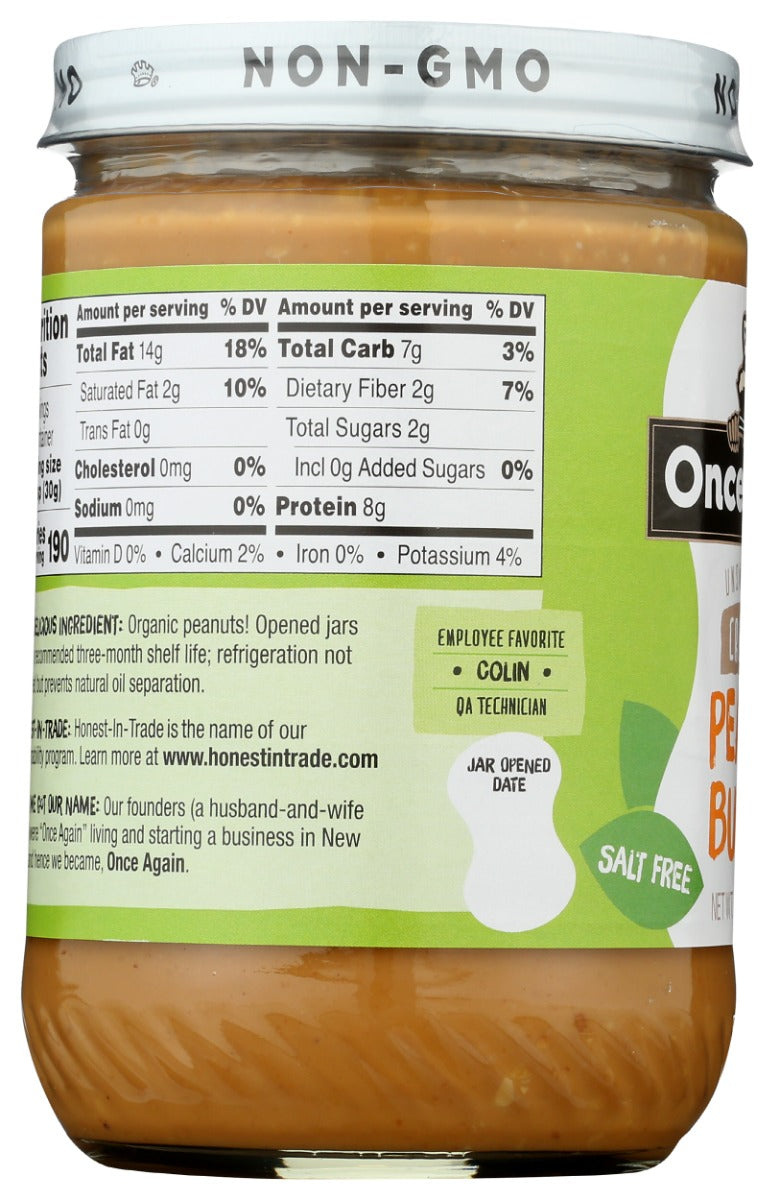 ONCE AGAIN: Organic Peanut Butter Crunchy Salt Free, 16 oz
