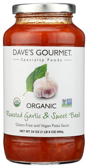Dave's Gourmet Organic Roasted Garlic &amp; Sweet Basil Pasta Sauce is made with organic aromatic sweet basil and garlic which is fire-roasted to bring out its sweetness. We combine these flavors with onions, carrots, and vine-ripened tomatoes sauted in olive oil for a sauce that is pure bliss.