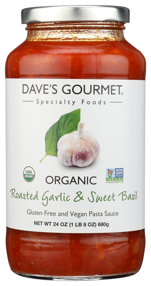 Dave's Gourmet Organic Roasted Garlic &amp; Sweet Basil Pasta Sauce is made with organic aromatic sweet basil and garlic which is fire-roasted to bring out its sweetness. We combine these flavors with onions, carrots, and vine-ripened tomatoes sauted in olive oil for a sauce that is pure bliss.