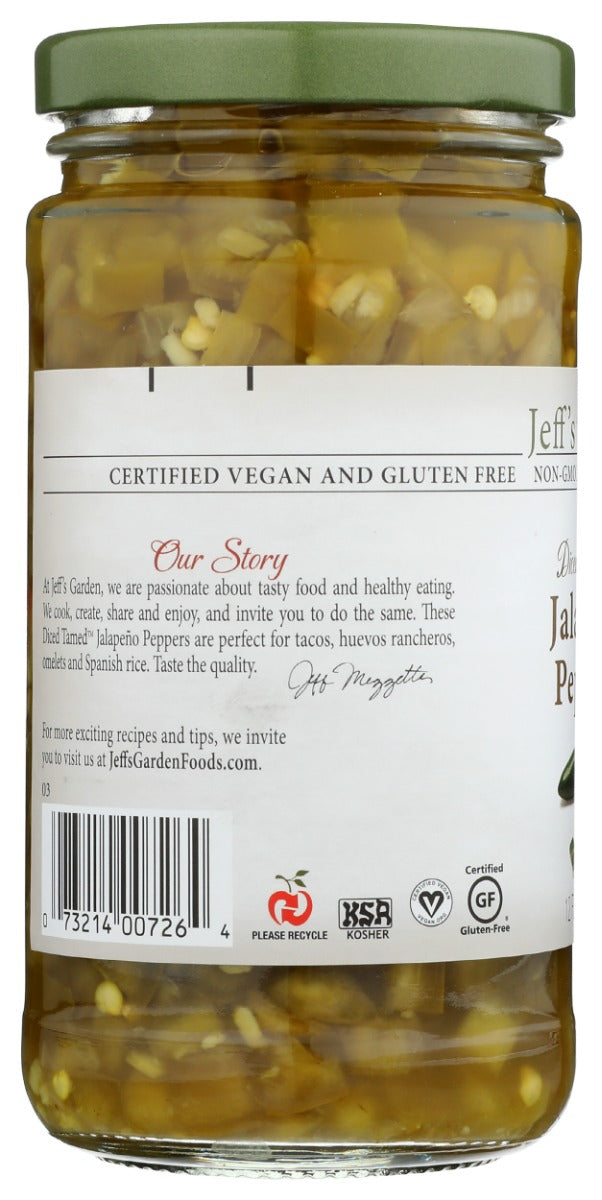 JEFFS GARDEN: Diced Tamed Jalapeño Peppers, 12 oz