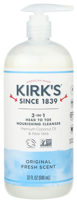 Enhanced with premium Coconut Oil and soothing Aloe Vera, our 3-in-1 cleanser leaves you feeling soft and healthy “ from head to toe. Kirk's nourishing, multi-tasking cleanser simplifies your routine in the shower, at the sink, and around the house!
Our cleanser is clinically-tested safe for sensitive skin. This formula is available in 4 varieties including a Fragrance Free option.