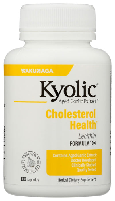Kyolic® Aged Garlic Extract Formula 104 for Cholesterol Health contains a combination of 600 mg of AGE and 380 mg of Lecithin per serving (2 capsules; Recommend two servings per day). This combination of Lecithin and AGE supports healthy cholesterol levels already within normal ranges and overall cardiovascular health.*
Note: The Lecithin in this formula is derived from soybeans.