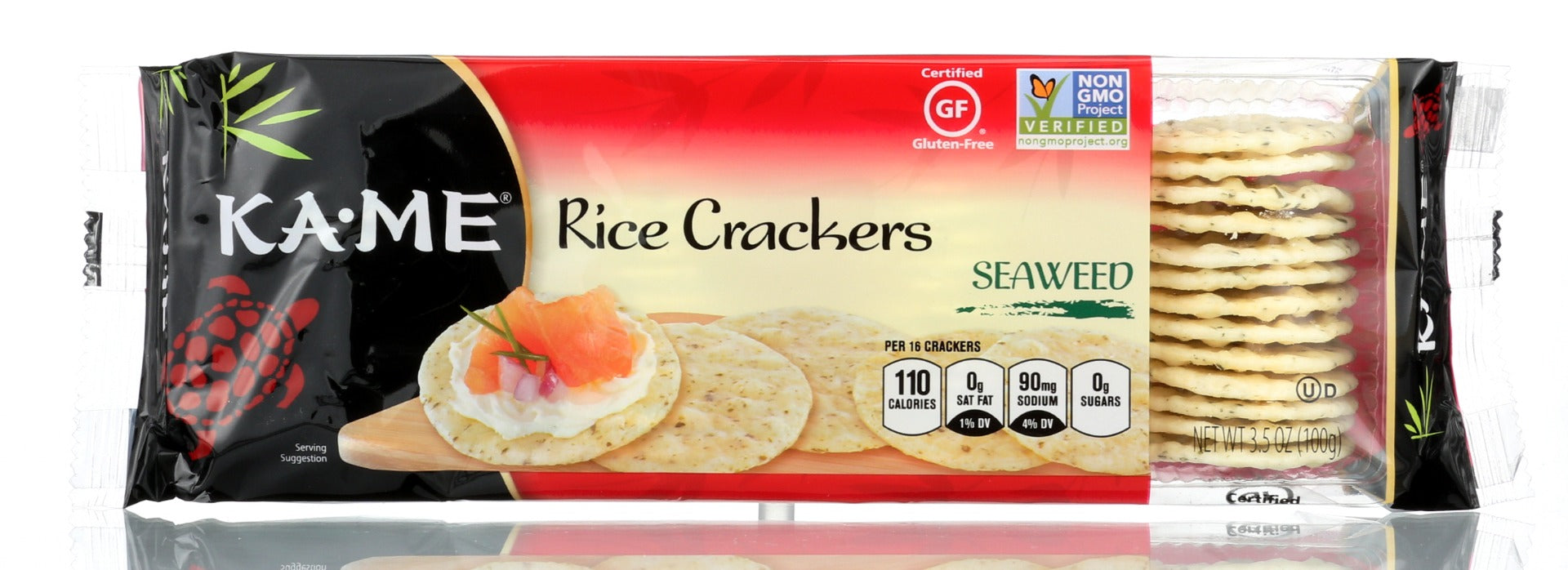 KA-ME Rice Crackers are made from jasmine rice, providing aromatic fragrance and distinct flavor. Subtly seasoned with traditional Asian flavors and contemporary spices, KA-ME Rice Crackers contain no artificial flavors or colors, are certified gluten-free and Non-GMO Project Verified. KA-ME Seaweed Rice Crackers can be enjoyed on their own, served with cheeses or dips and are perfect to create small plates for sharing and entertaining.