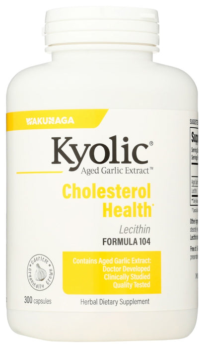 Kyolic® Aged Garlic Extract Formula 104 for Cholesterol Health contains a combination of 600 mg of AGE and 380 mg of Lecithin per serving (2 capsules; Recommend two servings per day). This combination of Lecithin and AGE supports healthy cholesterol levels already within normal ranges and overall cardiovascular health.*