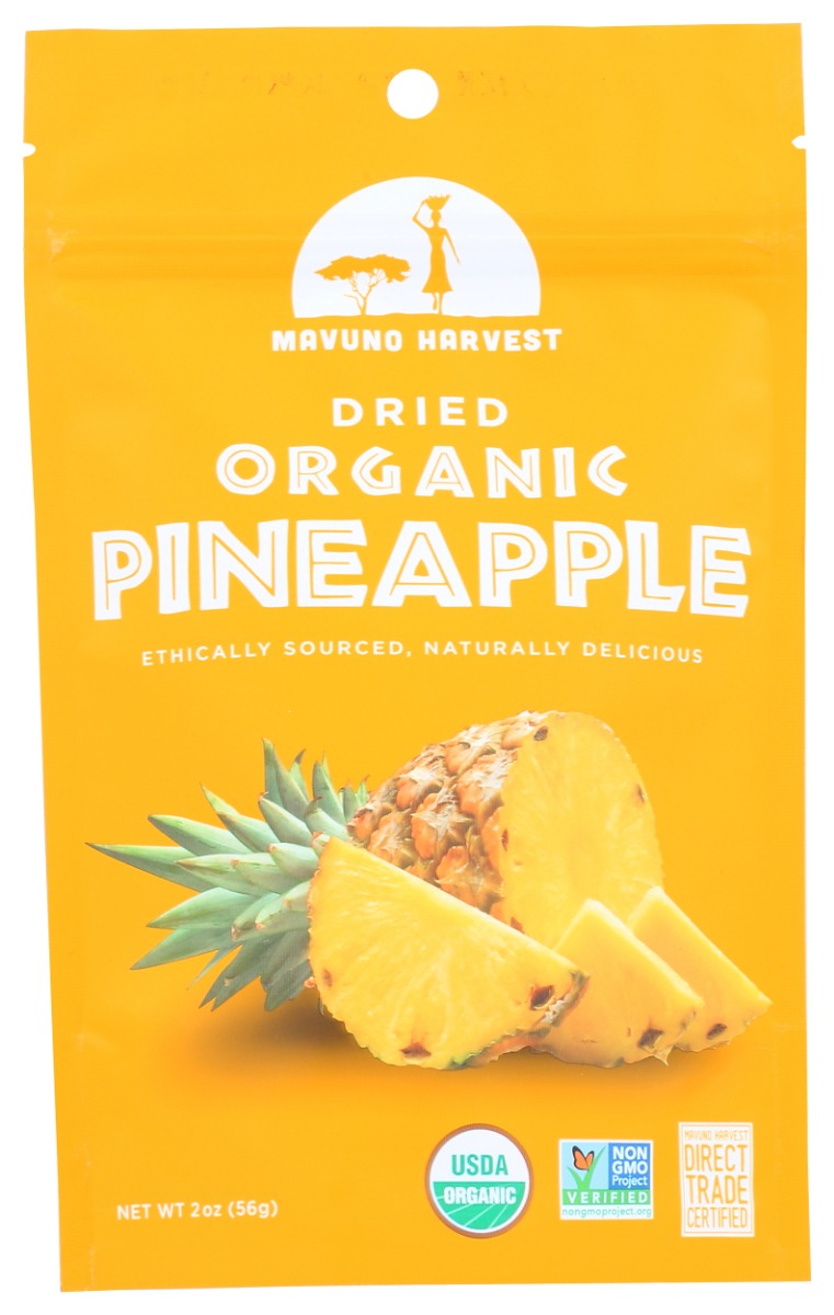 Mavuno Harvest tropical dried pineapples are 100% organically grown, non-GMO verified and completely all-natural with no added sugar! &nbsp;This sweet and delicious between-meal snack has zero fat, cholesterol or sodium. &nbsp;Grown with care and love by rural African farming communities, every bag purchased contributes directly to greater opportunity to the farmers who make it all possible.