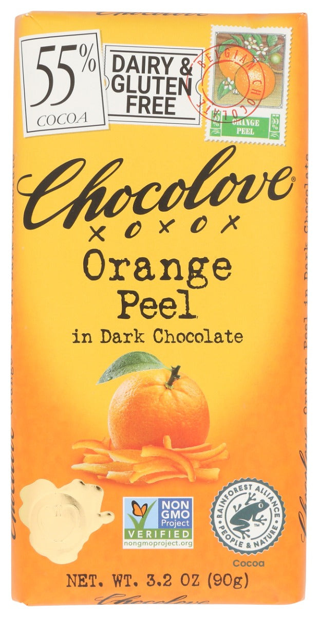 Freeze-dried orange peel enveloped in Belgian dark chocolate.