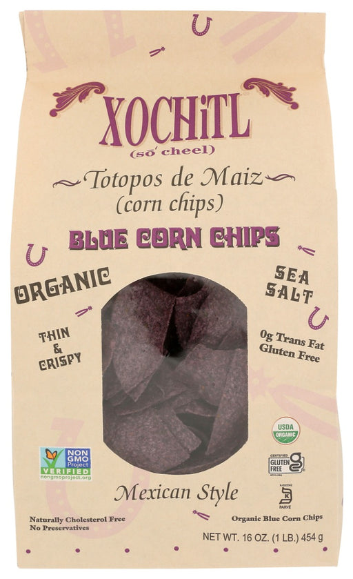  This bag contains 12 oz. Of blue corn chips that make a tasty snack with all types of salsa, as well as many other dips. Xochitl blue corn chips are made from simple ingredients for a fresh, natural flavor. 