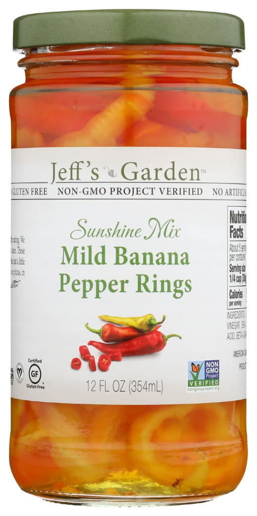 Sourced from local family farms in Northern California and harvested July through September, Jeff's Naturals Sunshine Mix Mild Banana Pepper Rings are left on the vine just a little bit longer to reach peak ripeness, color and flavor. The gorgeous, colorful mix and mild pickled flavor brighten up pizzas, sandwiches, salads and a wide variety of recipes.