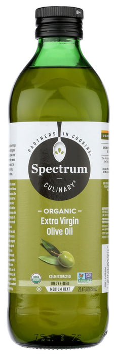 Spectrum brand Organic Unrefined Extra Virgin Olive Oil is100% organic and 100% first cold pressed, with a robust, fruity aroma and rich nutty flavor. Tantalizing drizzled over a Caprese salad, in sauts like chicken piccata, or on its own with a fresh loaf of crusty Italian bread. Mangia!