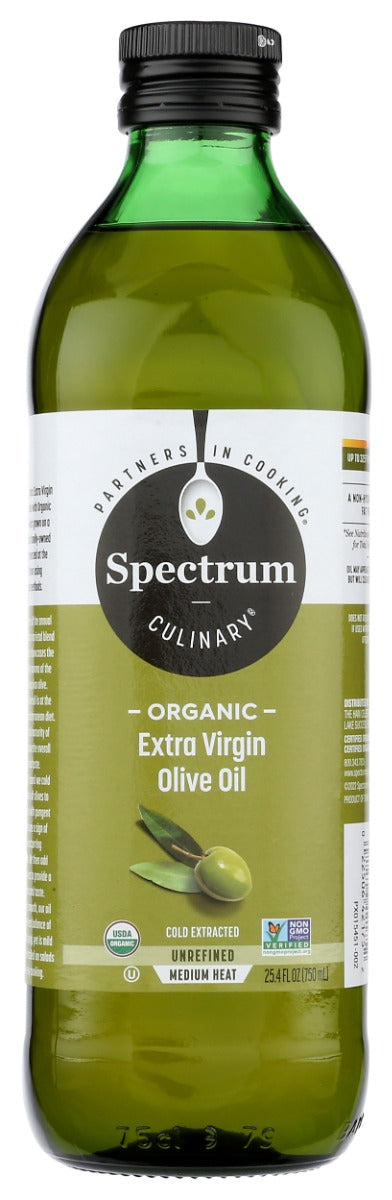 Spectrum brand Organic Unrefined Extra Virgin Olive Oil is100% organic and 100% first cold pressed, with a robust, fruity aroma and rich nutty flavor. Tantalizing drizzled over a Caprese salad, in sauts like chicken piccata, or on its own with a fresh loaf of crusty Italian bread. Mangia!