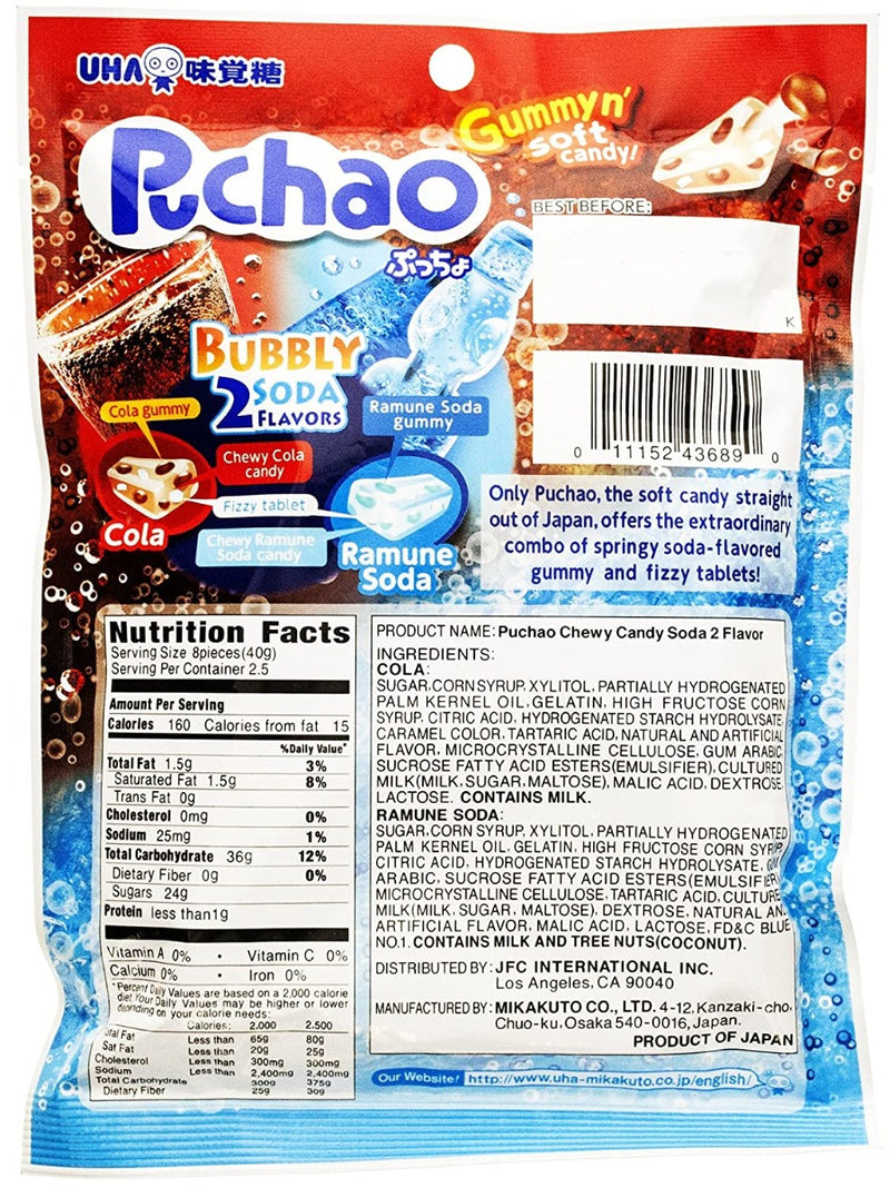 UHA MIKAKUTO: Puchao Cola And Ramune Soda Gummy Candy, 3.53 oz