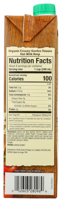 PACIFIC FOODS: Organic Creamy Oat Milk Garden Tomato Soup, 32 oz