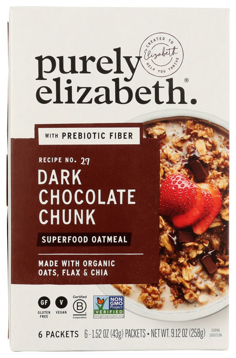 PURELY ELIZABETH: Dark Chocolate Chunk Superfood Oatmeal Multipack With Prebiotic Fiber, 9.12 oz