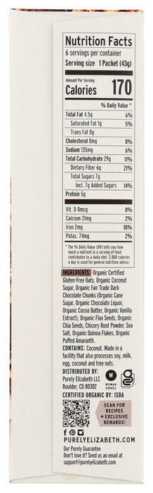 PURELY ELIZABETH: Dark Chocolate Chunk Superfood Oatmeal Multipack With Prebiotic Fiber, 9.12 oz