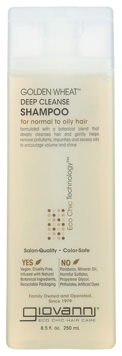 Deep-down clean doesn't mean stripping hair. It means balancing natural oils to enhance hair, gently removing what's not needed. Welcome to the golden age of shampoo. Giovanni® Golden Wheat Deep Cleanse Shampoo is ideal for removing excess oils while contributing to a beautiful head of hair. Hair that's lustrous and golden makes the world beholden.