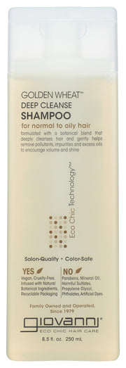 Deep-down clean doesn't mean stripping hair. It means balancing natural oils to enhance hair, gently removing what's not needed. Welcome to the golden age of shampoo. Giovanni® Golden Wheat Deep Cleanse Shampoo is ideal for removing excess oils while contributing to a beautiful head of hair. Hair that's lustrous and golden makes the world beholden.