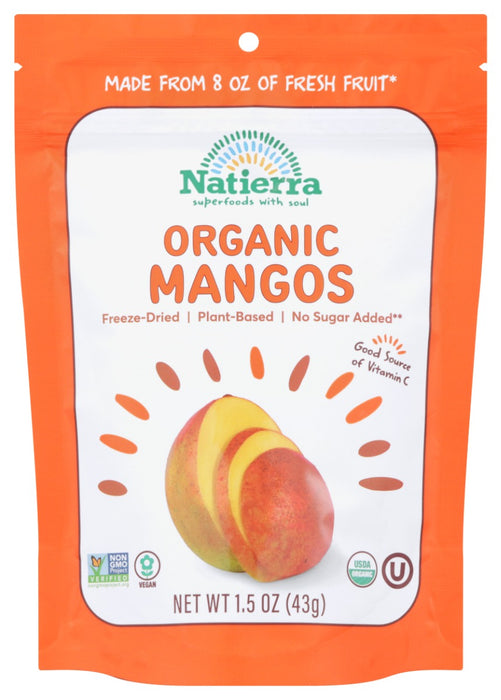 This wholesome snack starts with fresh organic mangos sourced from seasonal crops. Harvested at their peak ripeness, our mangos are sliced and freeze-dried, which removes most of their water and adds a crunch that makes them absolutely irresistible.
This on-the-go snack combines the vitamins and fiber of fresh fruit with the crunch of a chip and the sweetness of candy. There's no frying, no baking, and only the sugar provided by Mother Nature!